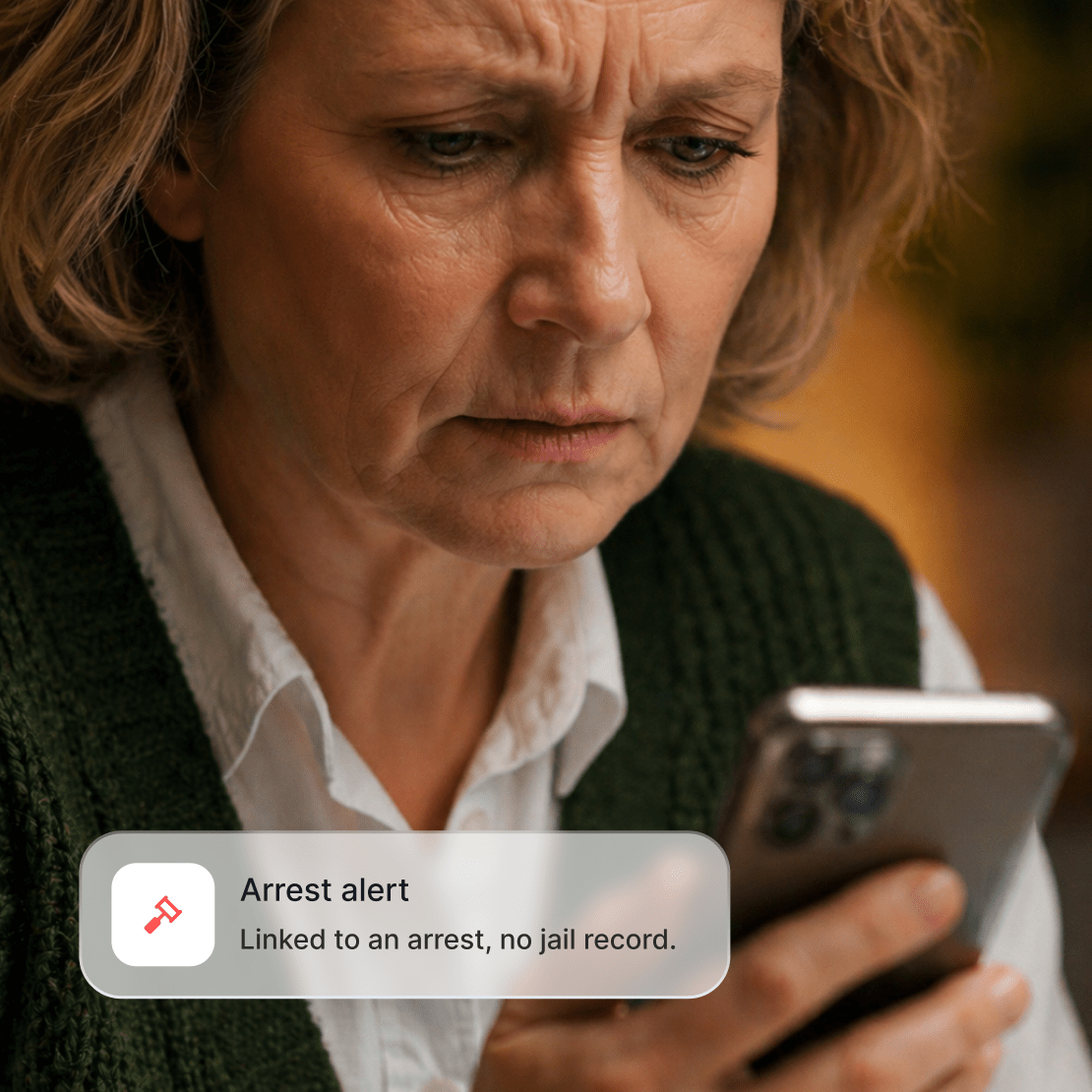 A concerned person receiving Coveron’s Criminal record monitoring alert on their smartphone.