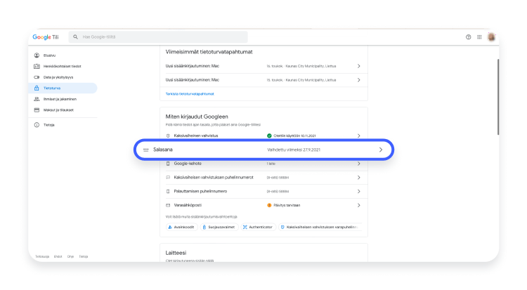 Näin Googlen salasana vaihdetaan tietokoneella vaihe 2