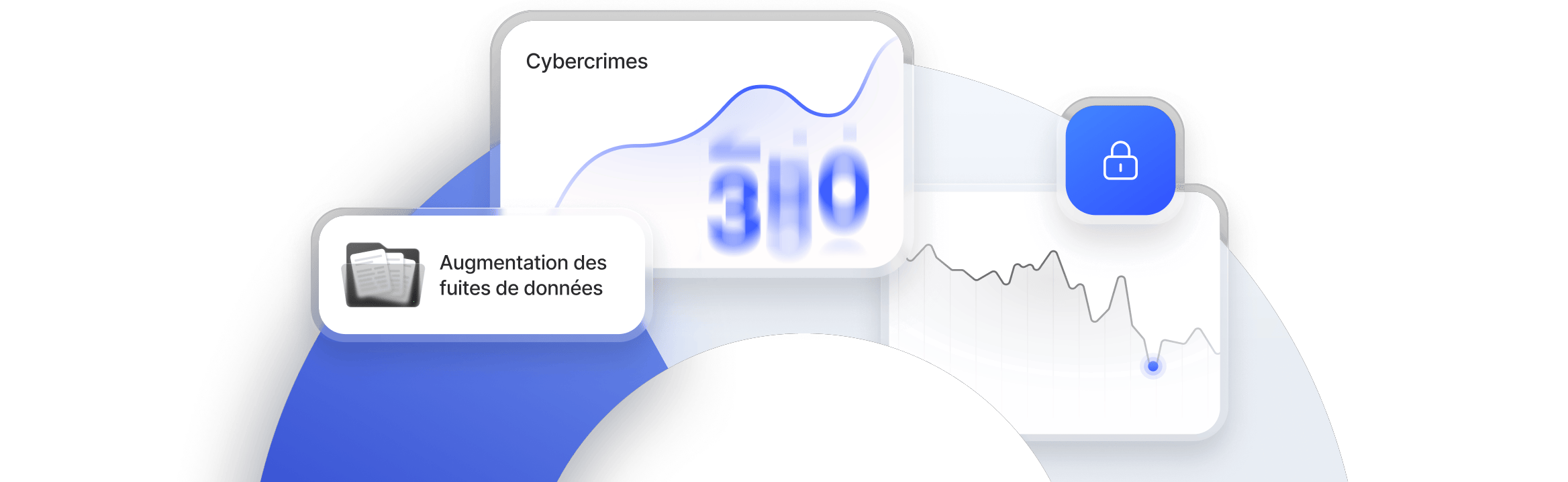 Tableau de bord de la cybercriminalité montrant l’augmentation des fuites de données et les tendances en matière de sécurité, à côté d’une icône de cadenas représentant la sécurité.