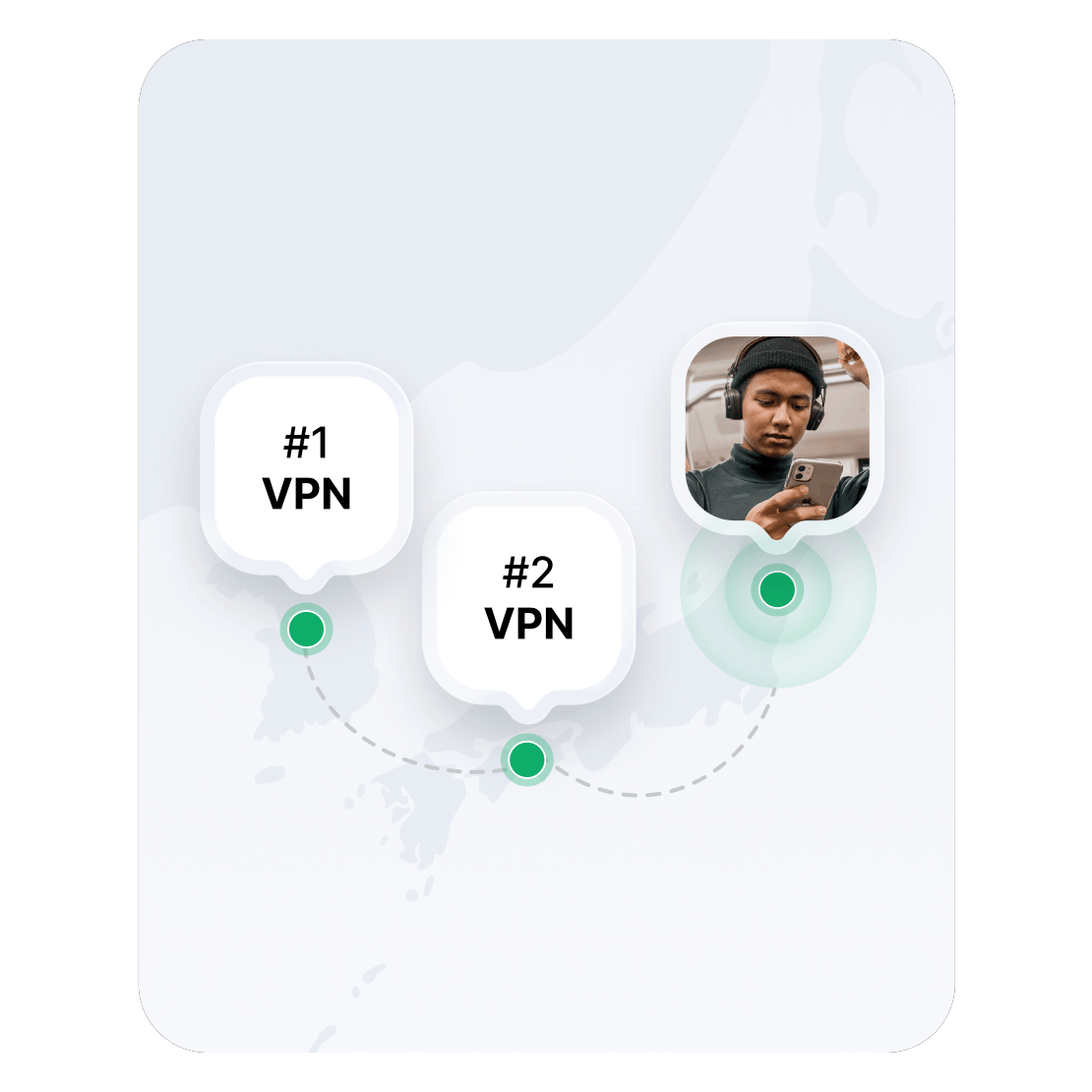 2か所のVPNサーバーロケーションを示すアジアの地図。