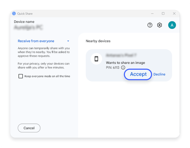 Android phone to a Windows computer using Quick Share: step 5