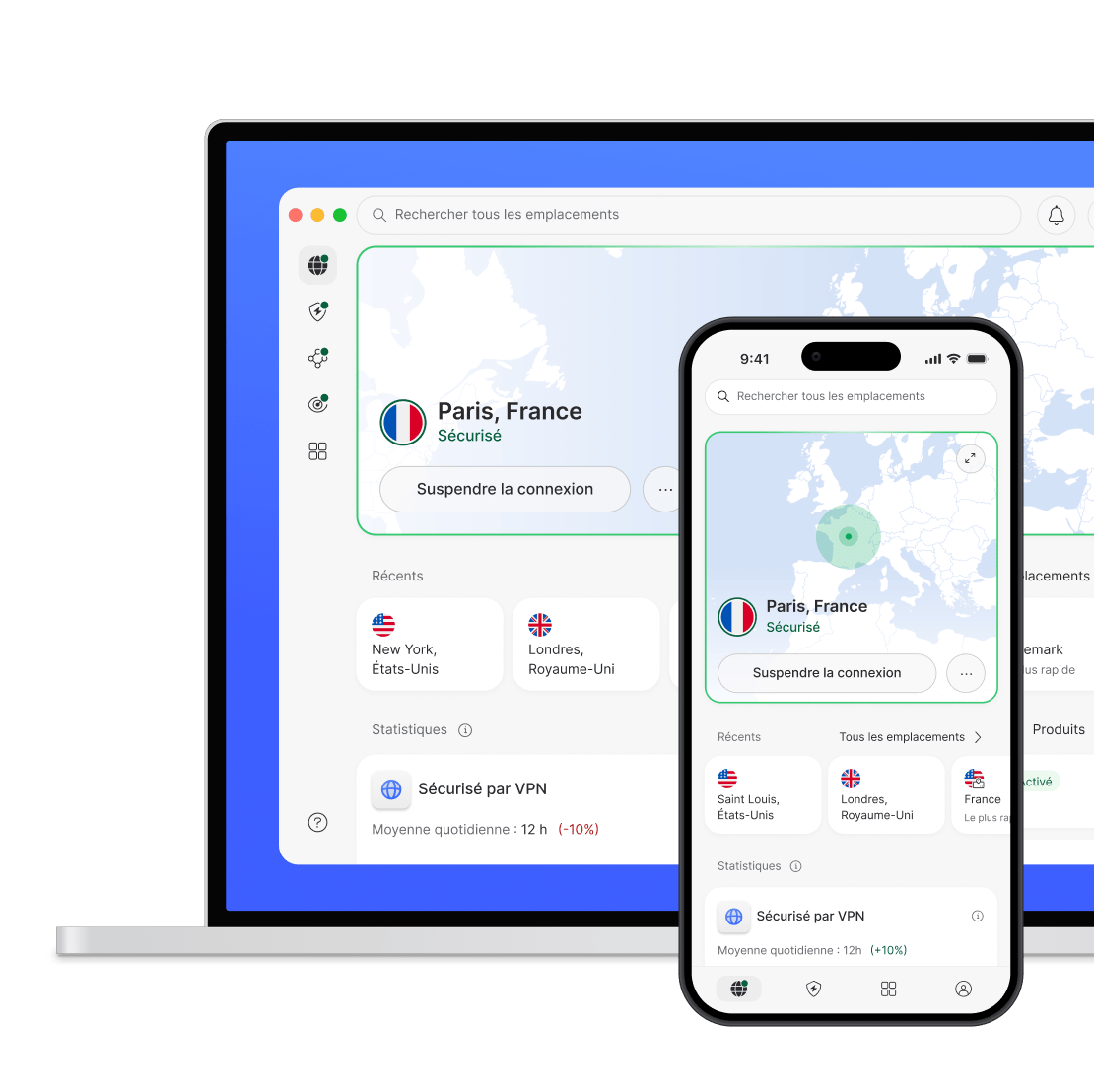 Un ordinateur portable et un smartphone protégés par NordVPN.