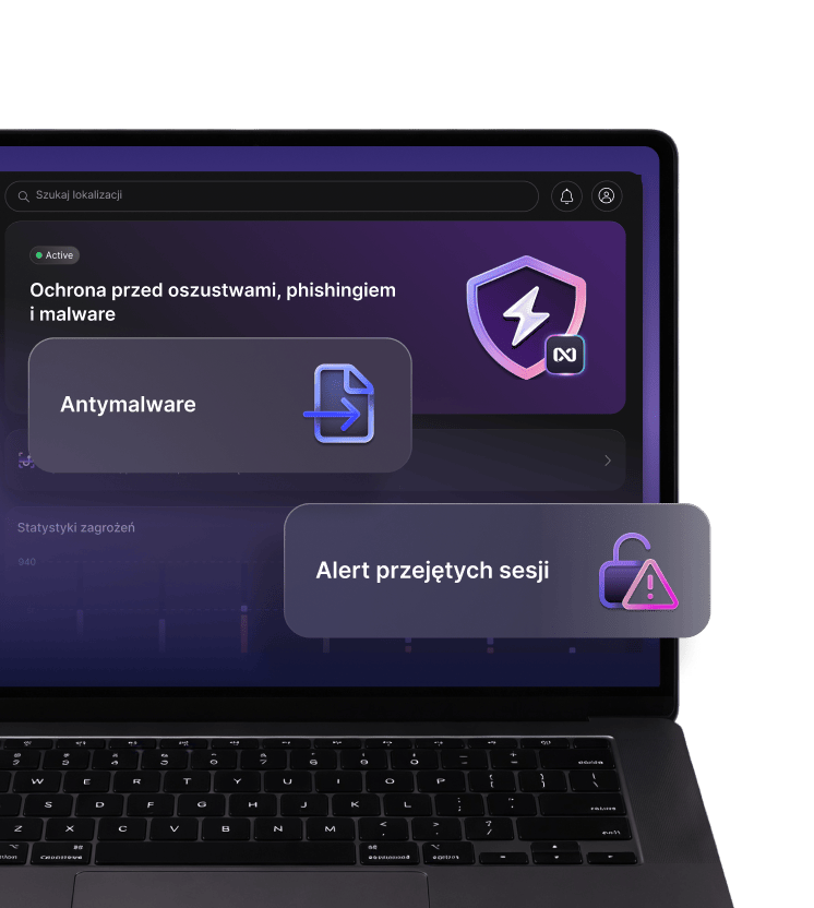 Laptop z włączonym antywirusowym programem nowej generacji od NordVPN.