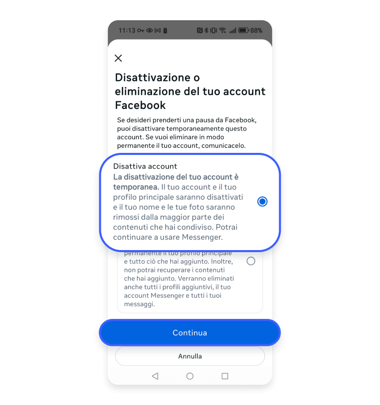 Disattiva account Facebook mobile
