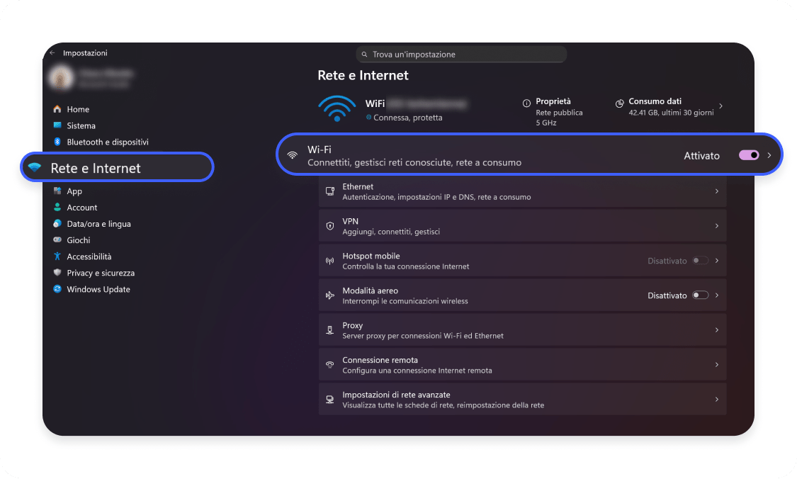 Scegli Ethernet oppure Wi-Fi, in base al tipo di connessione in uso.
