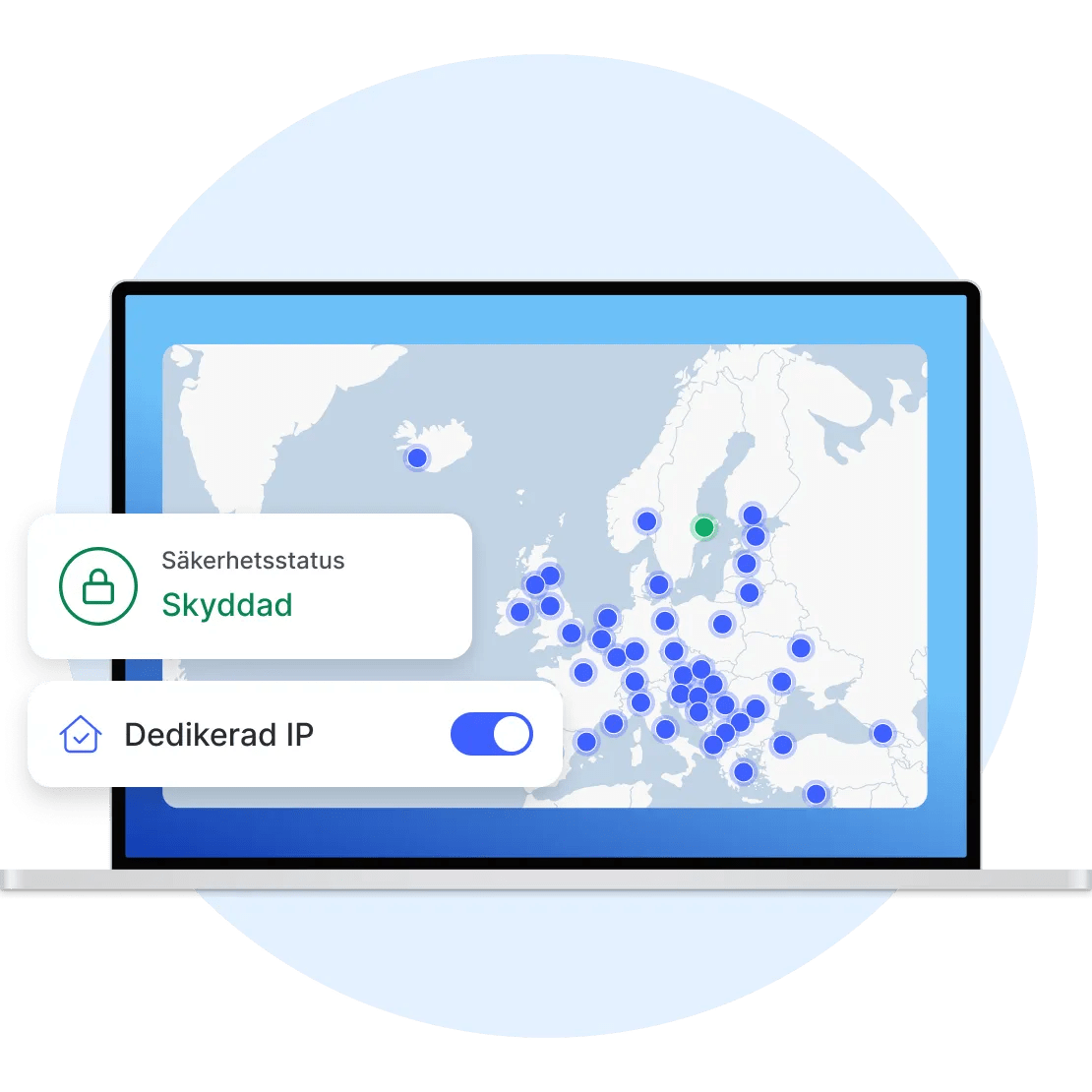 Bärbar dator med NordVPN-appen, ansluten till en dedikerad IP-server i Sverige.