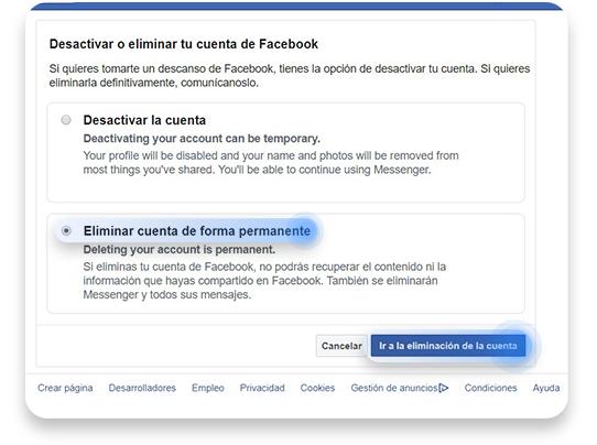 cómo eliminar una cuenta de Facebook definitivamente: paso 3