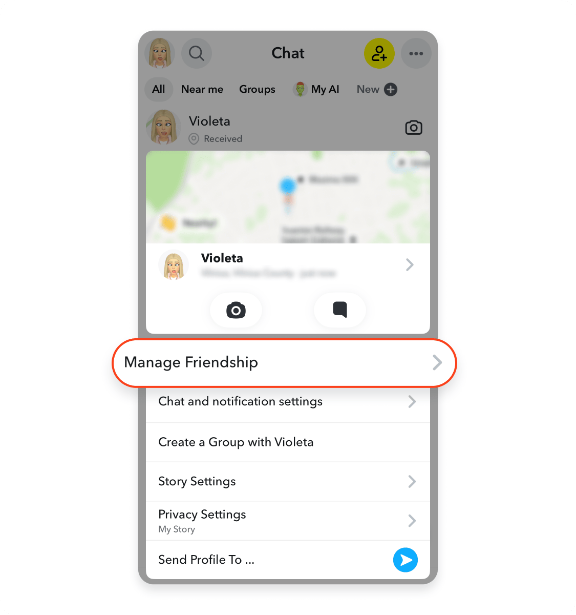 Snapchat Chat menu with “Manage friendship” circled in red, above “Chat and notification settings.”
