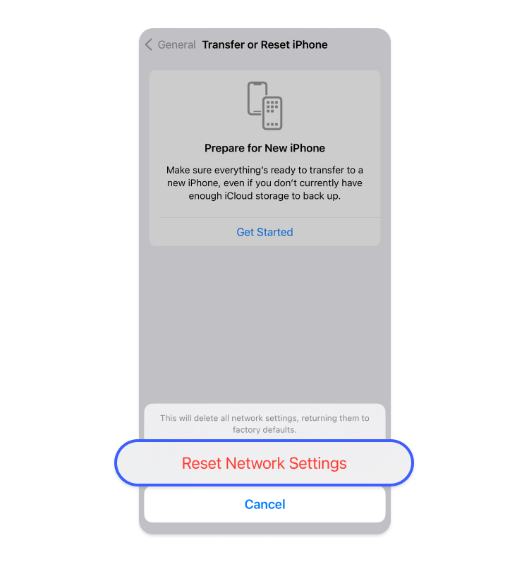 Confirm resetting the netwrok settings