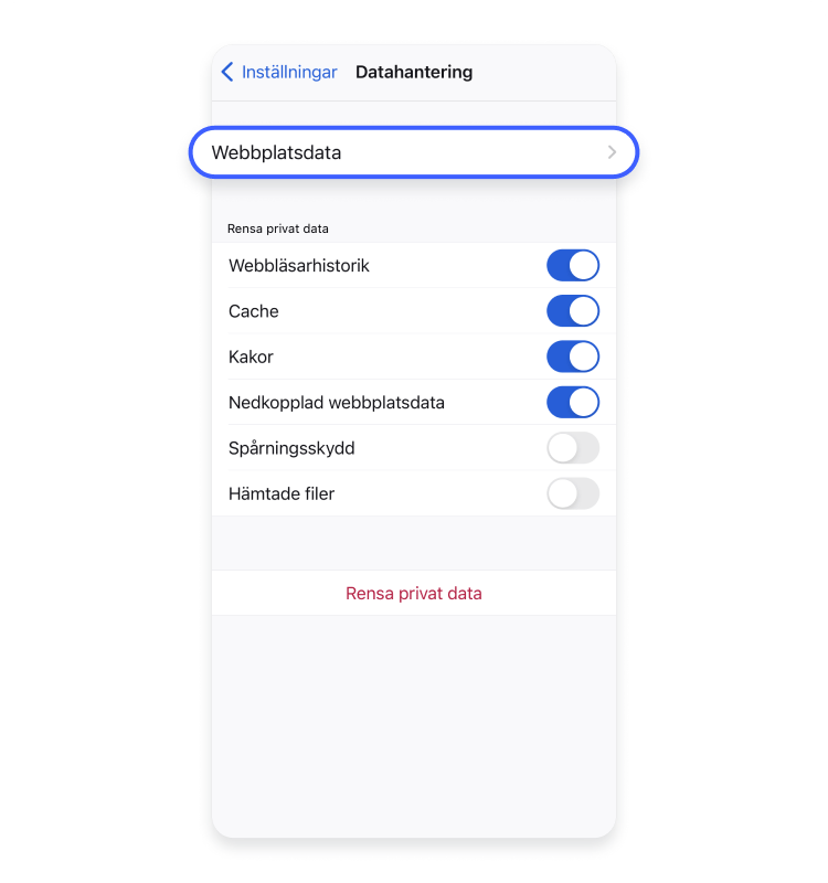 Tryck först på Webbplatsdata.