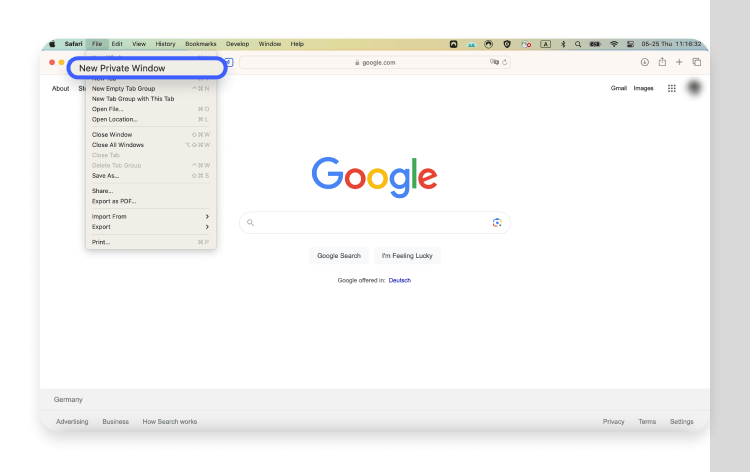 go incognito in safari: step 2 - click new private window