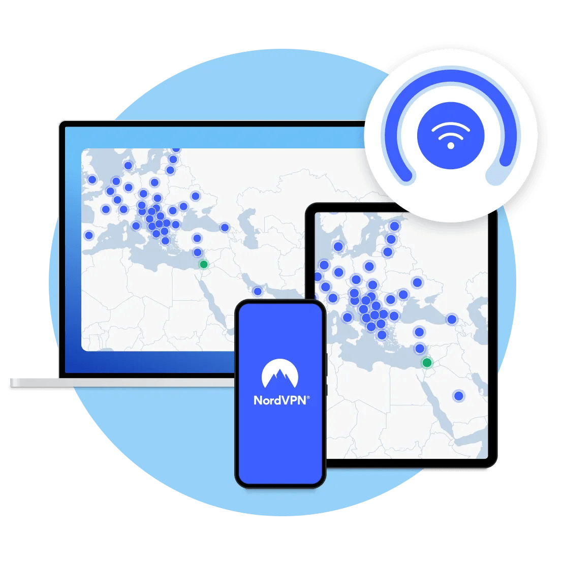 אפליקציית NordVPN המציגה חיבור VPN במכשירים שונים.