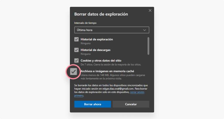 borrar cache Edge: paso 4