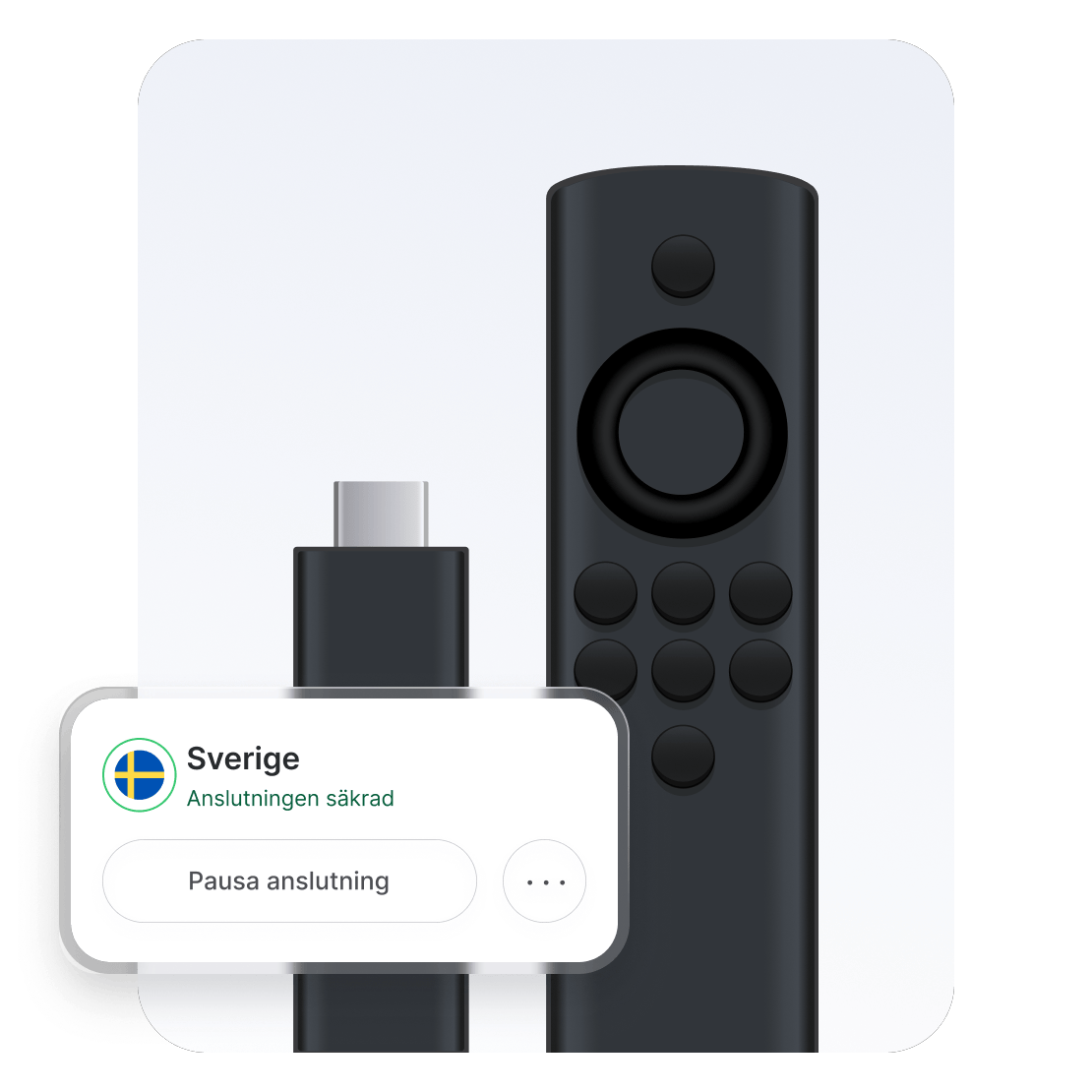 En Amazon Fire TV Stick-enhet ansluten till en av NordVPN:s servrar i Sverige.