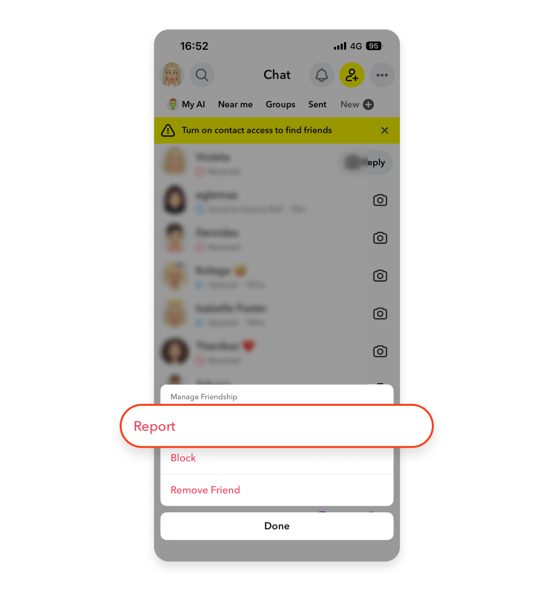 Chat menu with “Report” circled in red, below “Manage friendship” and above “Block.”