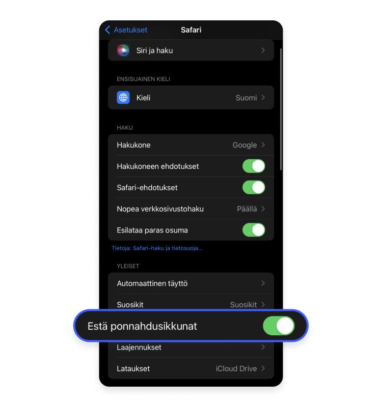 Kuinka estää ponnahdusikkunat Safarissa vaihe 2
