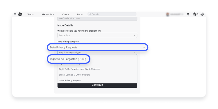A screenshot of step 5 with “Data privacy requests” and “Right to be forgotten” selected