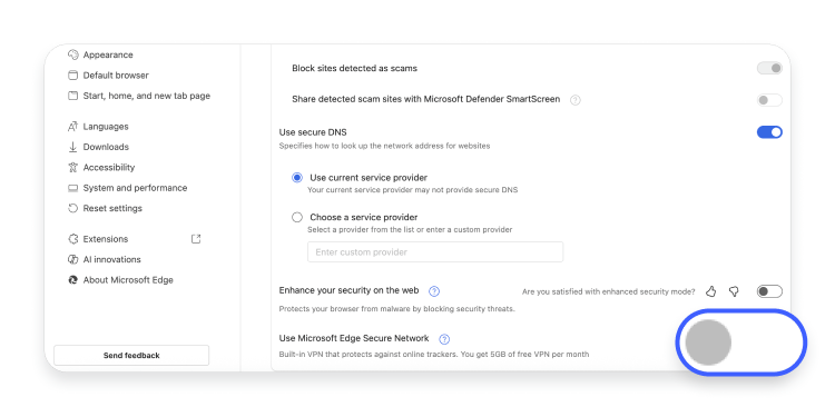 Turn off a VPN on Microsoft Edge