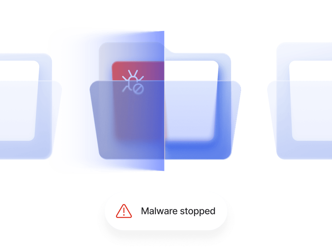 Graphic showing a blocked folder containing malware, with a ‘Malware stopped’ alert notification.