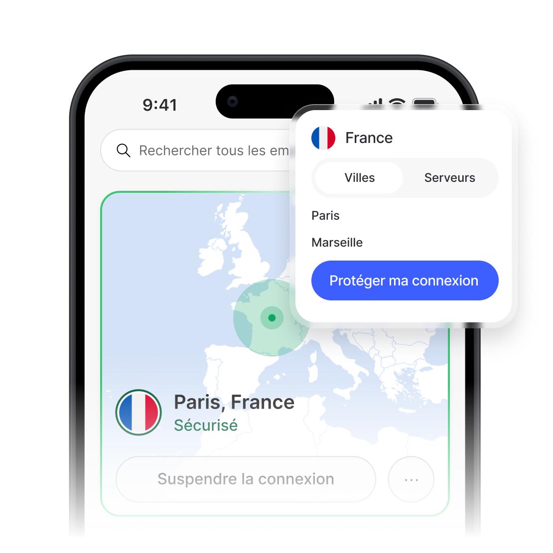 L’application NordVPN affiche une connexion sécurisée et la liste des serveurs en France.
