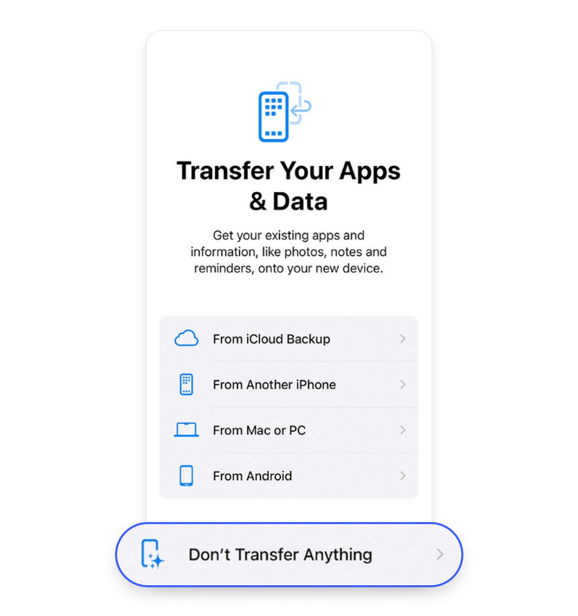 iPhone “Transfer your apps &amp; data” screen showing the “Don’t transfer anything” option after a factory reset.