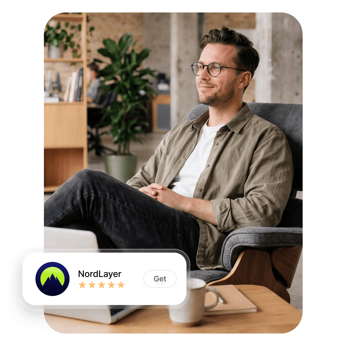 A man reviews NordLayer’s business VPN features and five-star rating.
