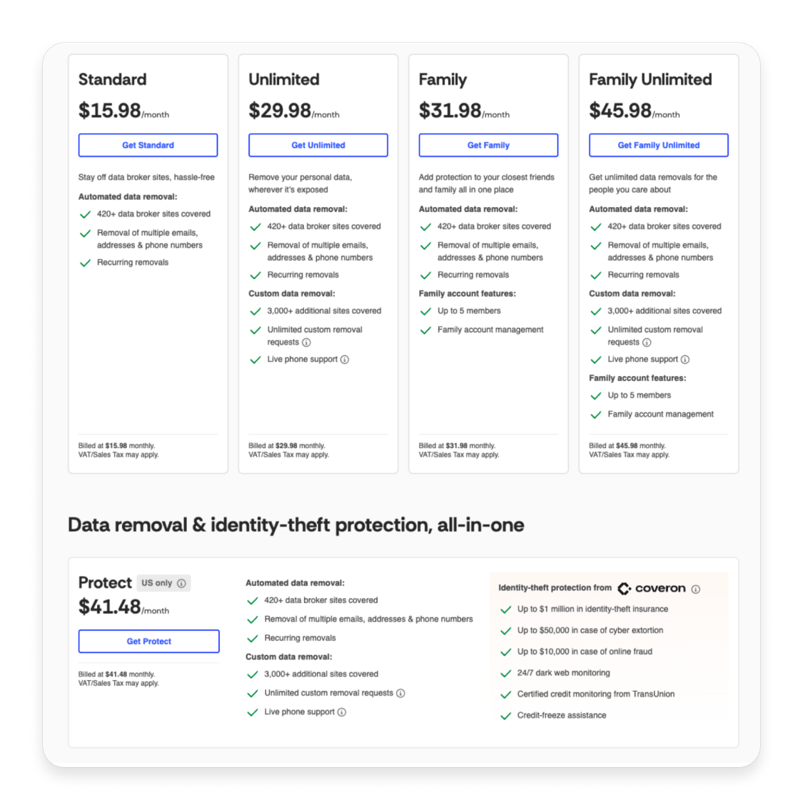 Incogni’s pricing page