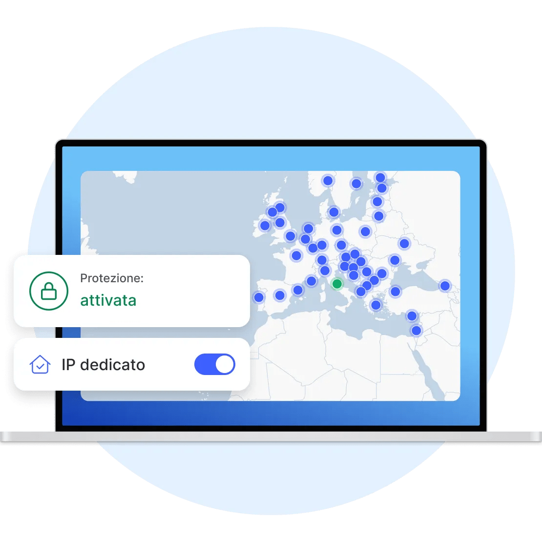 Un laptop con l&#39;app NordVPN connesso a un server IP dedicato in Italia.