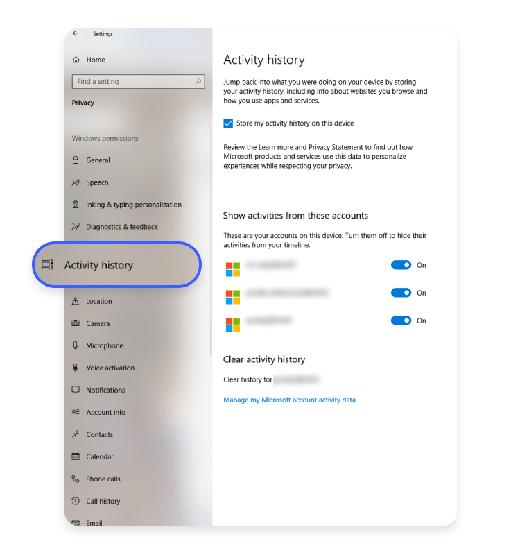 windows10 disable activity tracker activity history