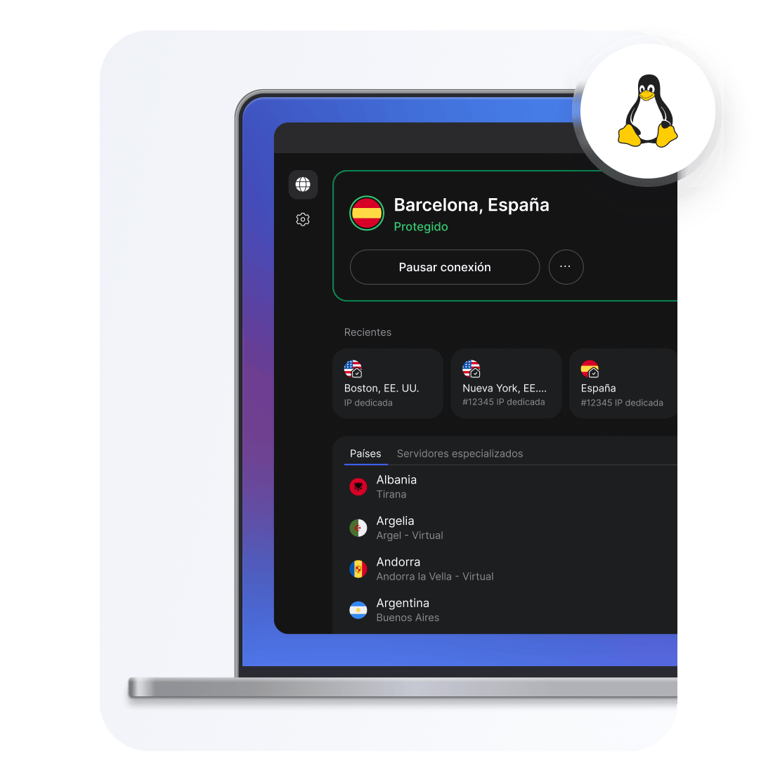 Una barra de búsqueda en la app de NordVPN con una lista de servidores VPN por país para Linux.