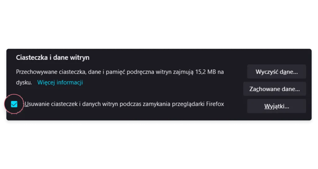Ustawienia cookies w Firefox: krok 2