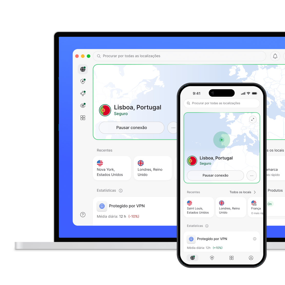 Um portátil e um smartphone protegidos pela NordVPN.
