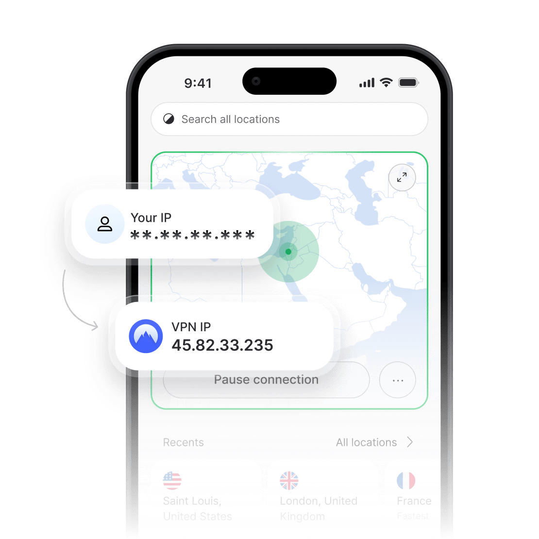 אפליקציית NordVPN מציגה כתובת IP אמיתית מוסתרת וכתובת IP חדשה של VPN.