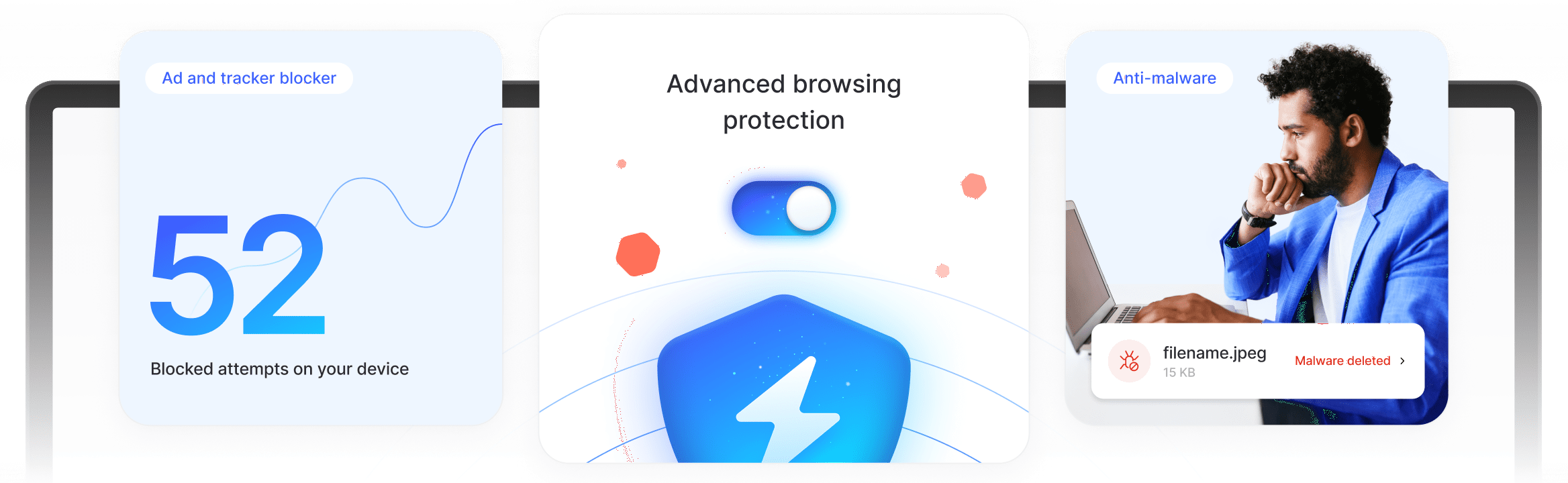 A man enjoys advanced browsing protection and avoids ads, trackers, and malicious downloads.
