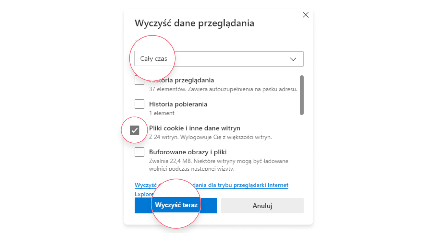Czyszczenie cookies – MS Edge: krok 3