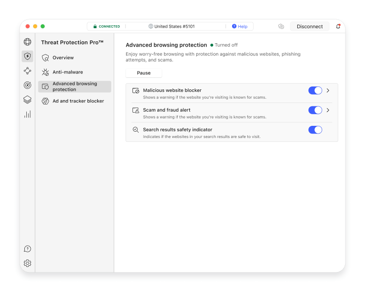 Threat Protection Pro&#39;s advanced browsing protection tool&#39;s layout for macOS