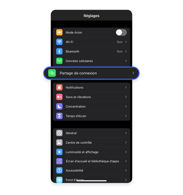 Partage de connexion via les réglages de l&#39;iPhone
