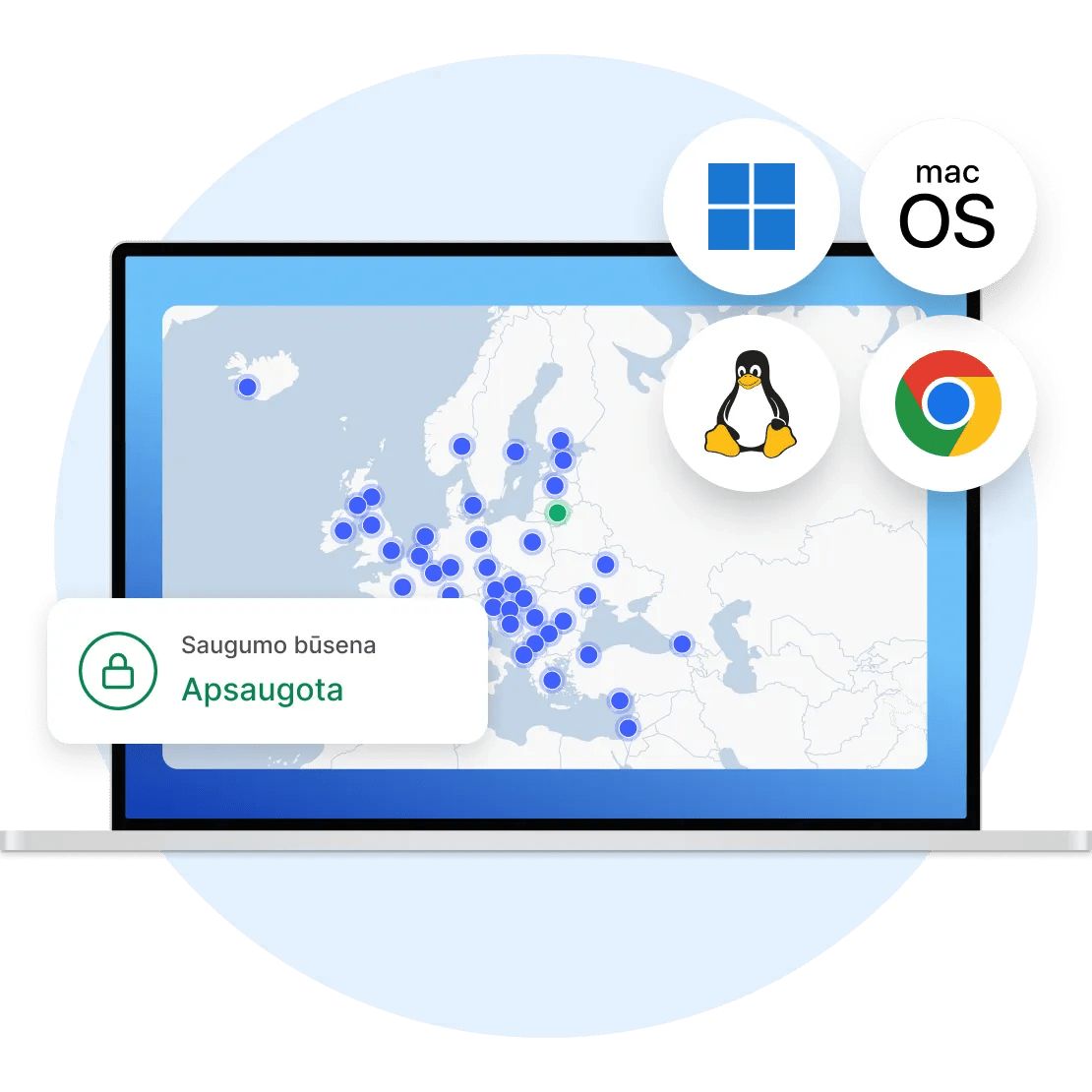 „Windows“, „Linux“, „Apple“ ar „Chromebook“ nešiojamasis kompiuteris, kuriame įjungtas „NordVPN“ ekranas. 
