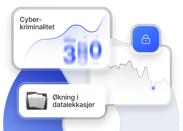 Cyberkrim-dashbordet viser økende datalekkasjer og sikkerhetstrender ved siden av et låsikon som representerer sikkerhet.