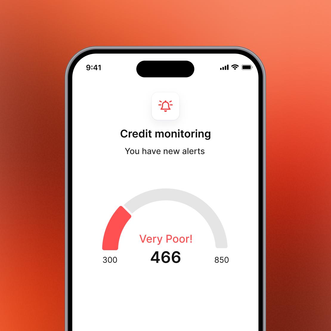 A smartphone screen that shows a poor credit score.
