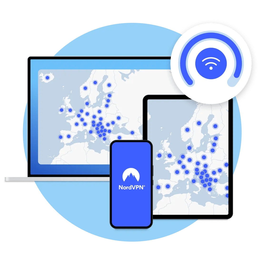Программа NordVPN с демонстрацией VPN-подключения на разных устройствах.