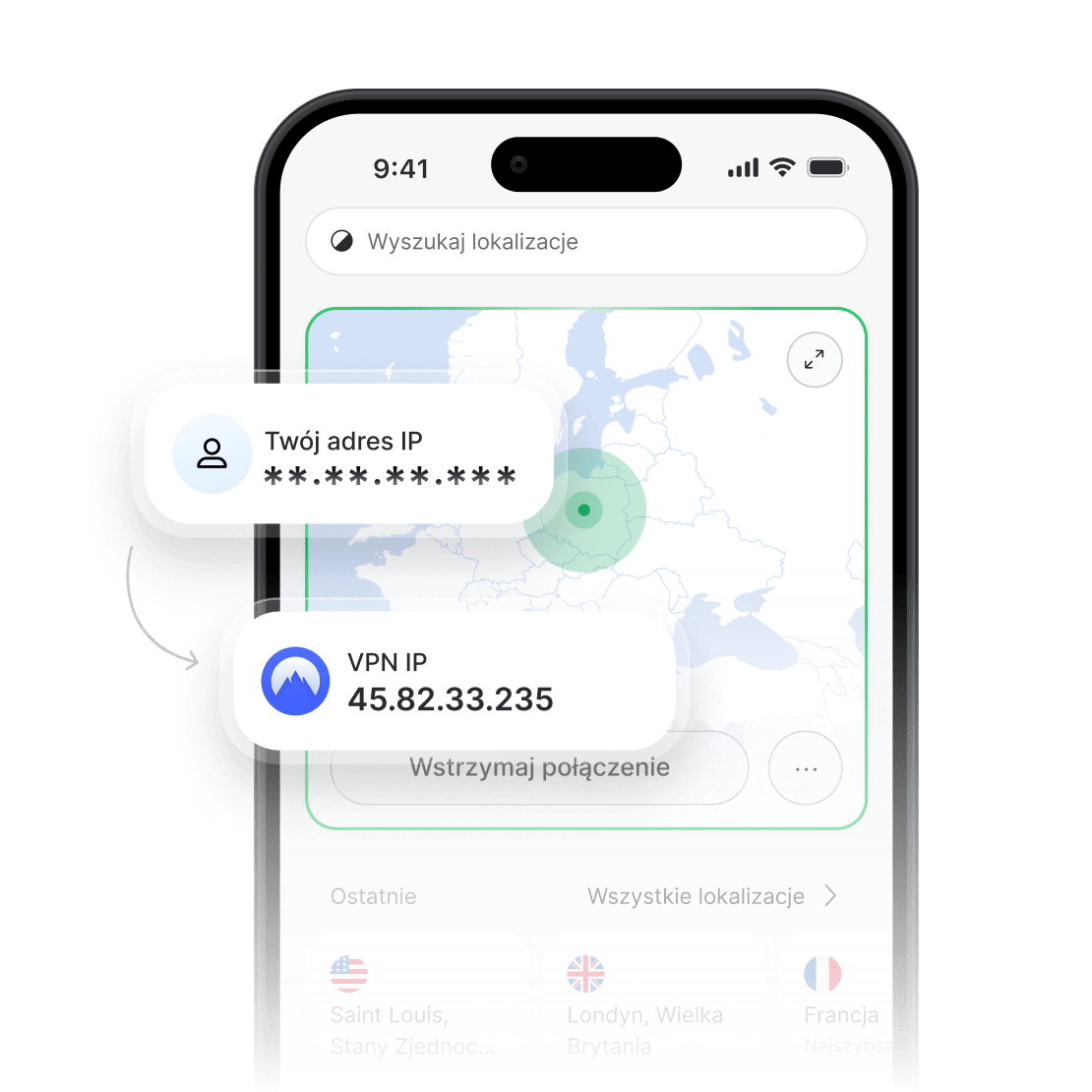 Aplikacja NordVPN pokazuje ukryty prawdziwy adres IP i nowy adres IP VPN.
