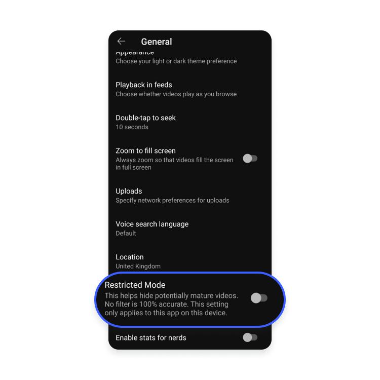 YouTube restricted mode menu on iOS