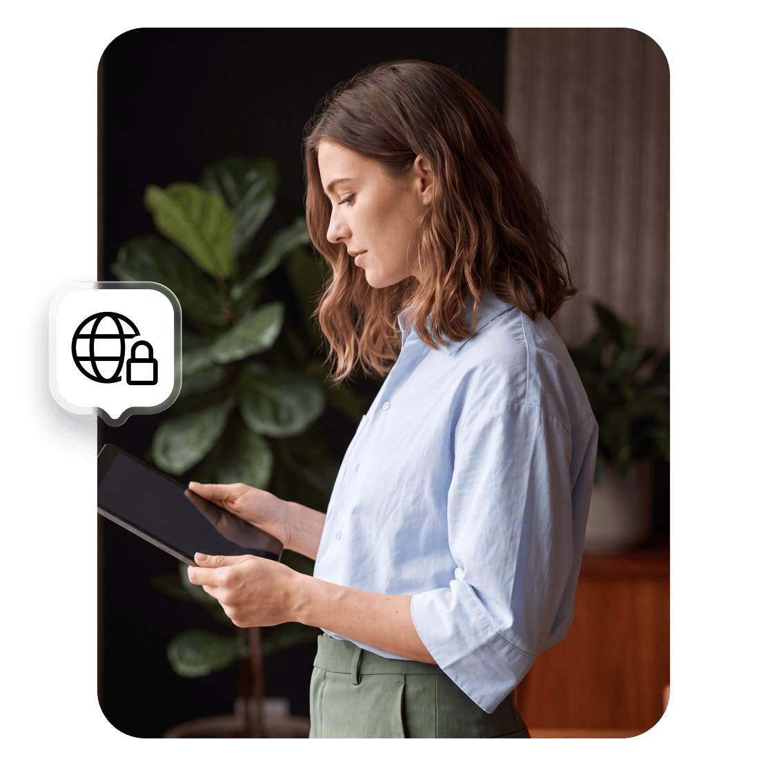 A woman uses NordLayer on a tablet to securely access company resources and protect her device from online threats.