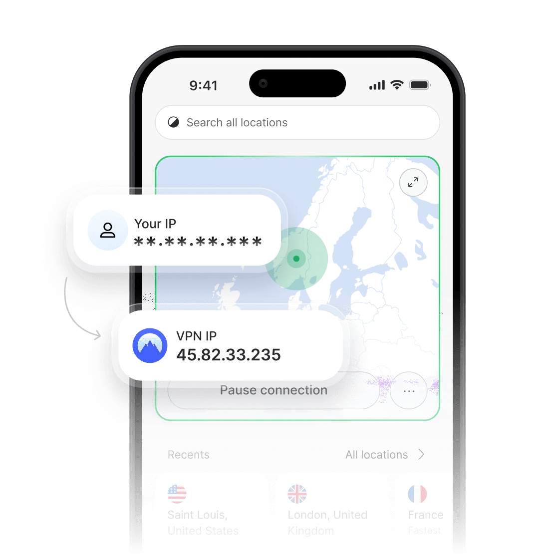 NordVPN-appen viser en skjult ekte IP-adresse og en ny VPN-IP-adresse.