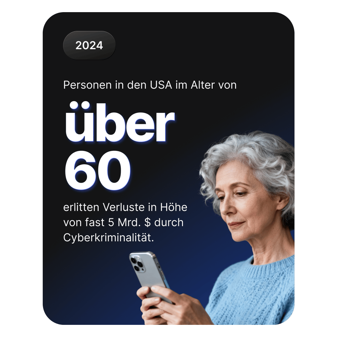 Ein älterer Erwachsener mit Smartphone steht stellvertretend für fast 5 Milliarden Dollar, die Amerikaner über 60 durch Cyberkriminalität verloren haben.