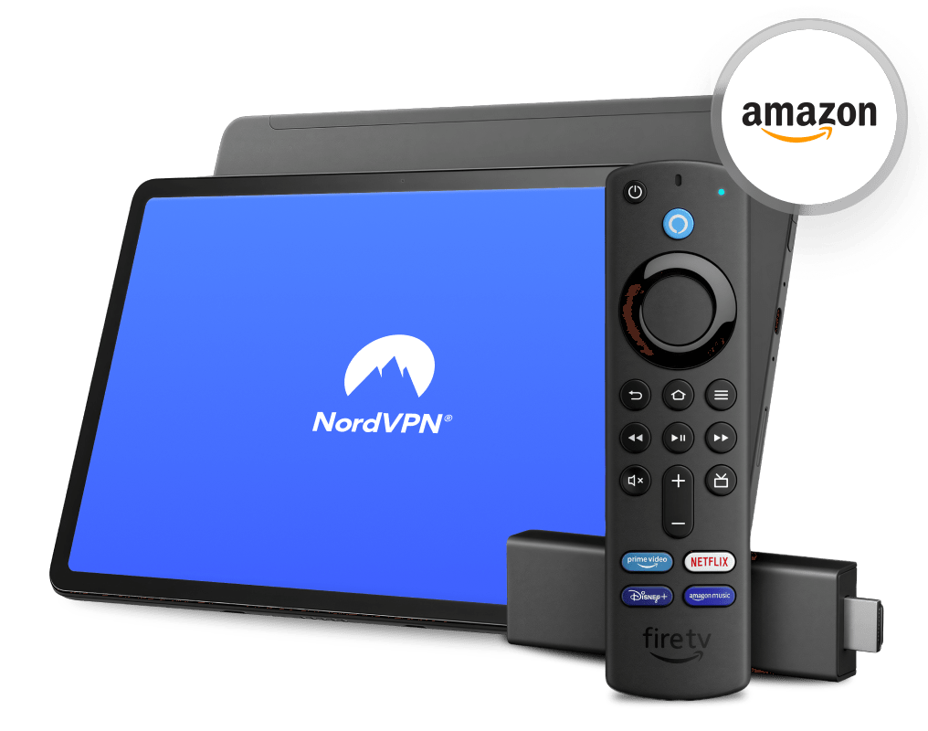 Una tablet Amazon Fire con la app NordVPN abierta en la pantalla, junto a un mando a distancia de Fire TV y un Fire TV Stick.