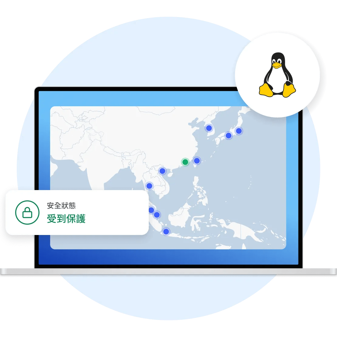 在 Linux 裝置上啟用的 NordVPN VPN 用戶端，顯示用戶的連線已加密。
