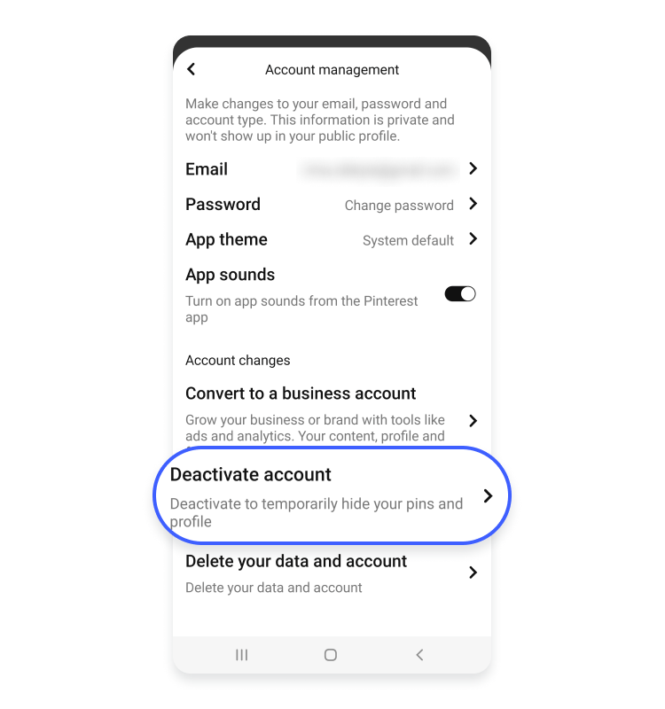 deactivate pinterest account android