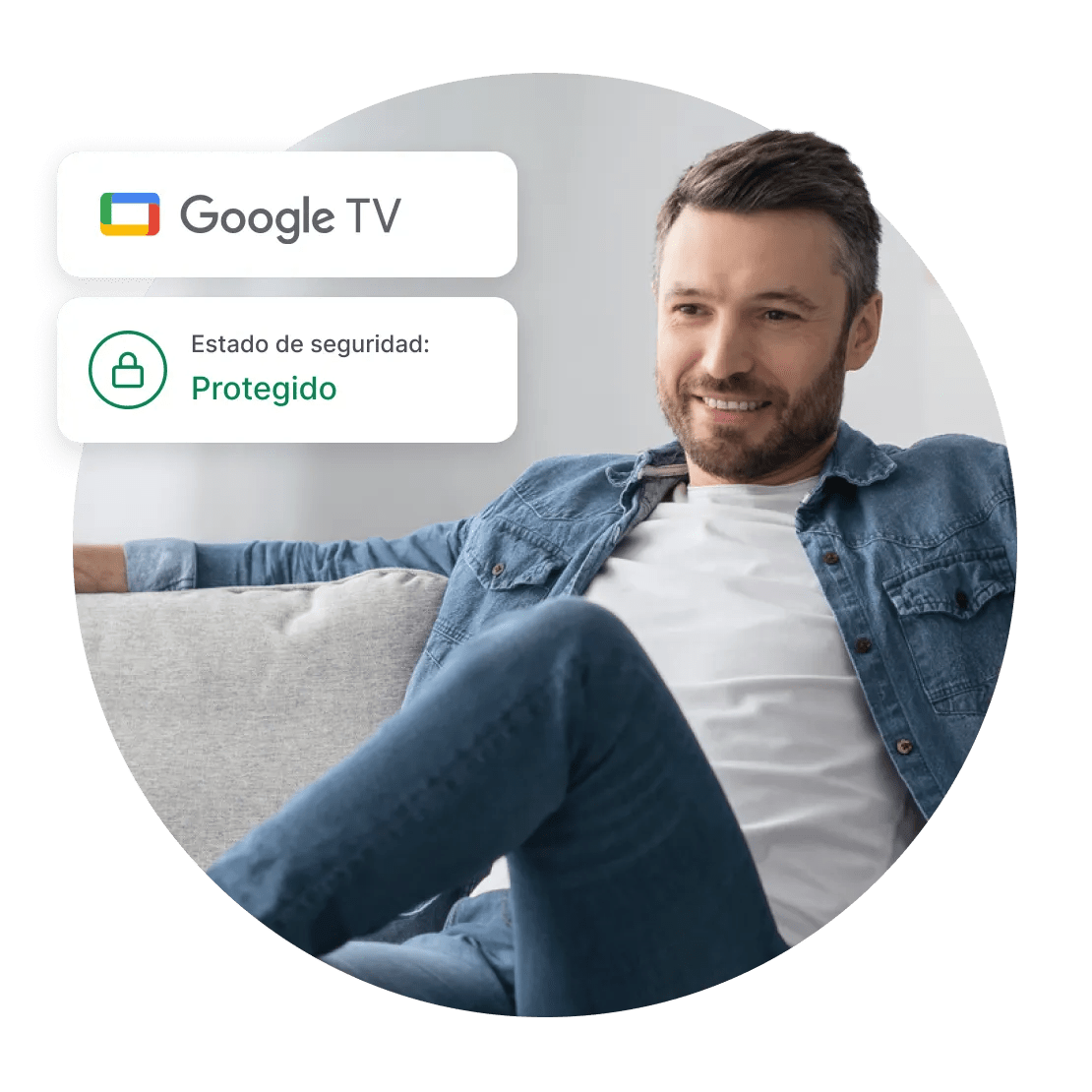 Un hombre ve Google TV y se siente seguro porque NordVPN protege su conexión.